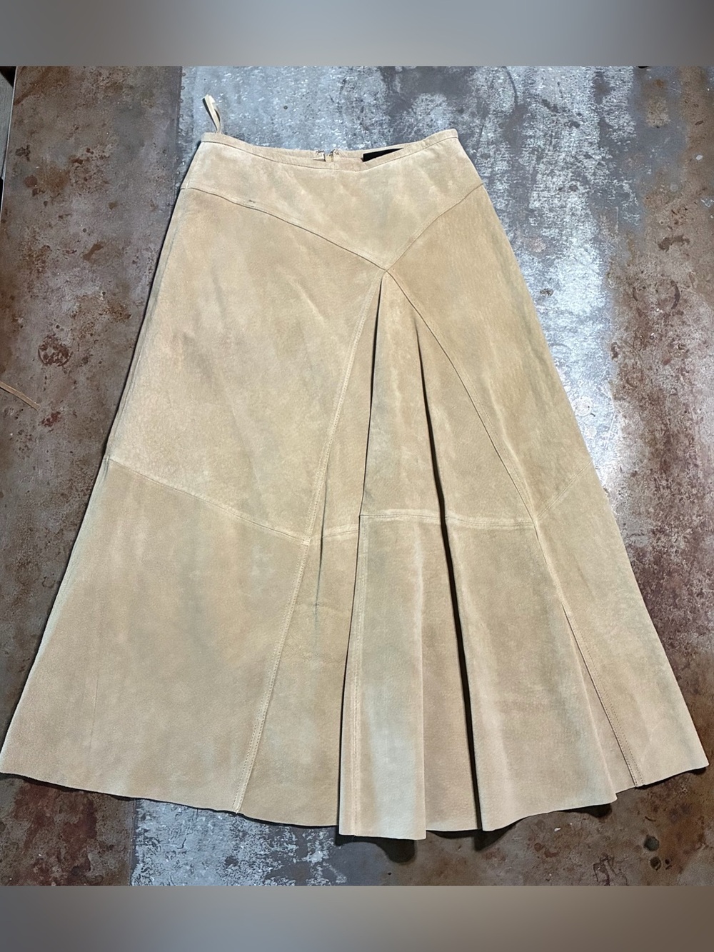 Vintage Valerie Stevens Genuine Leather Suede Pleated Midi Skirt Tan Beige
